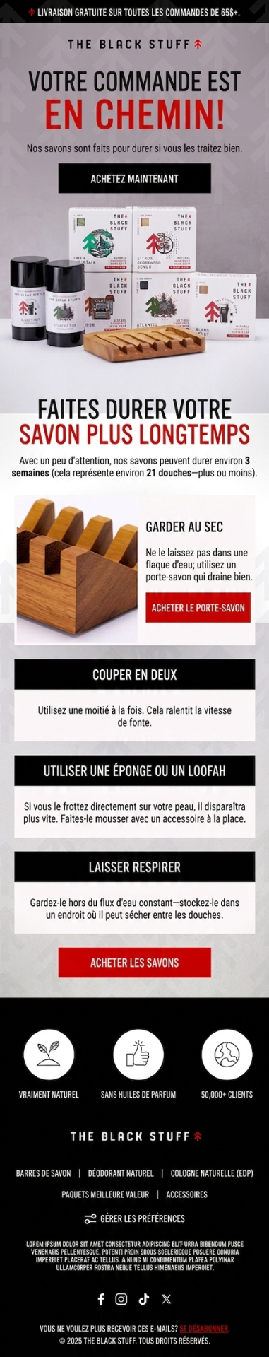 Design email post-achat savons